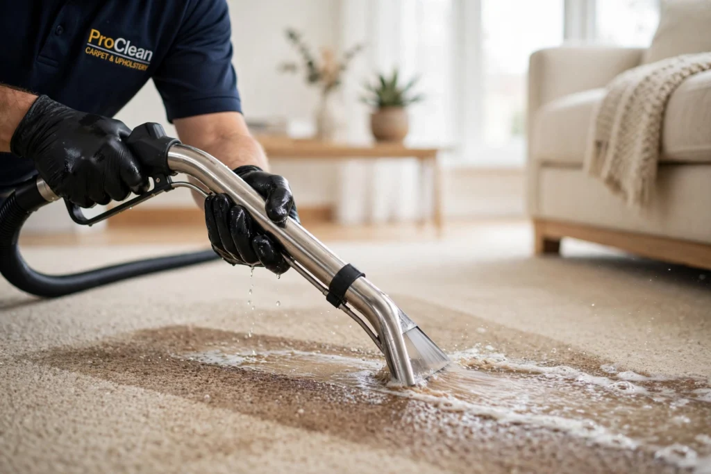Technician treating deep carpet stain with hot water extraction wand
