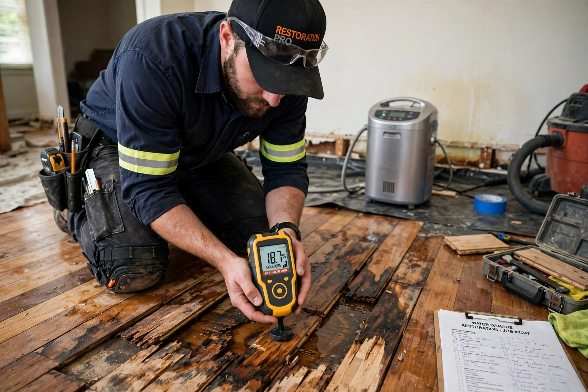 Repairing cupped hardwood floor water damage with moisture meter