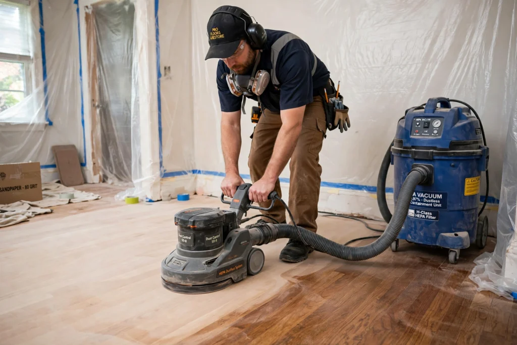 Dustless hardwood floor sanding with HEPA vacuum containment system
