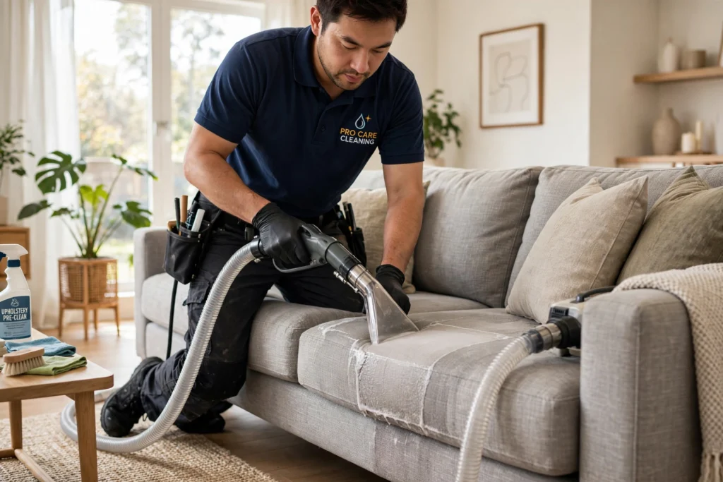 Professional upholstery cleaning of fabric sofa