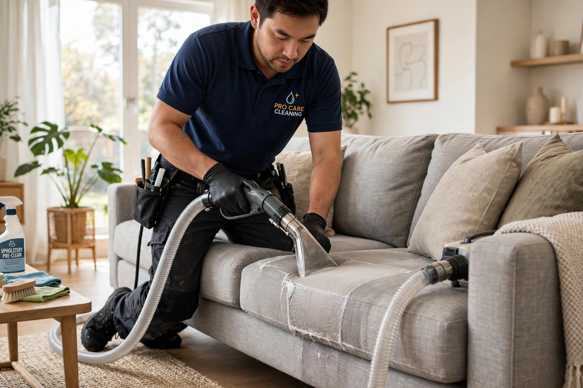 Professional upholstery cleaning of fabric sofa