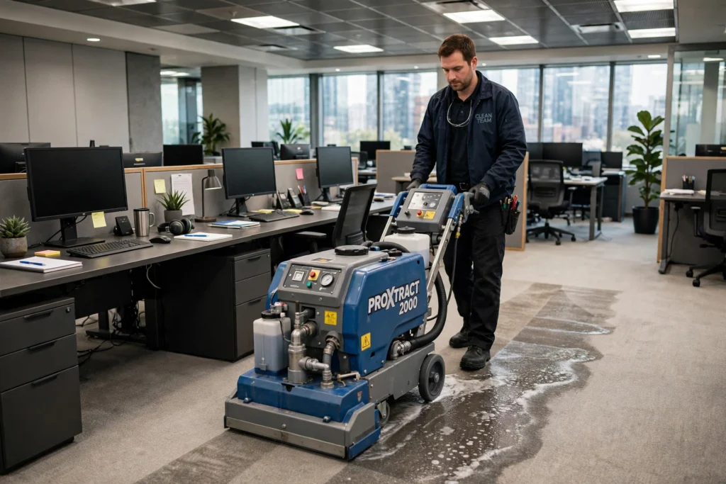 Commercial office carpet cleaning with walk-behind extractor