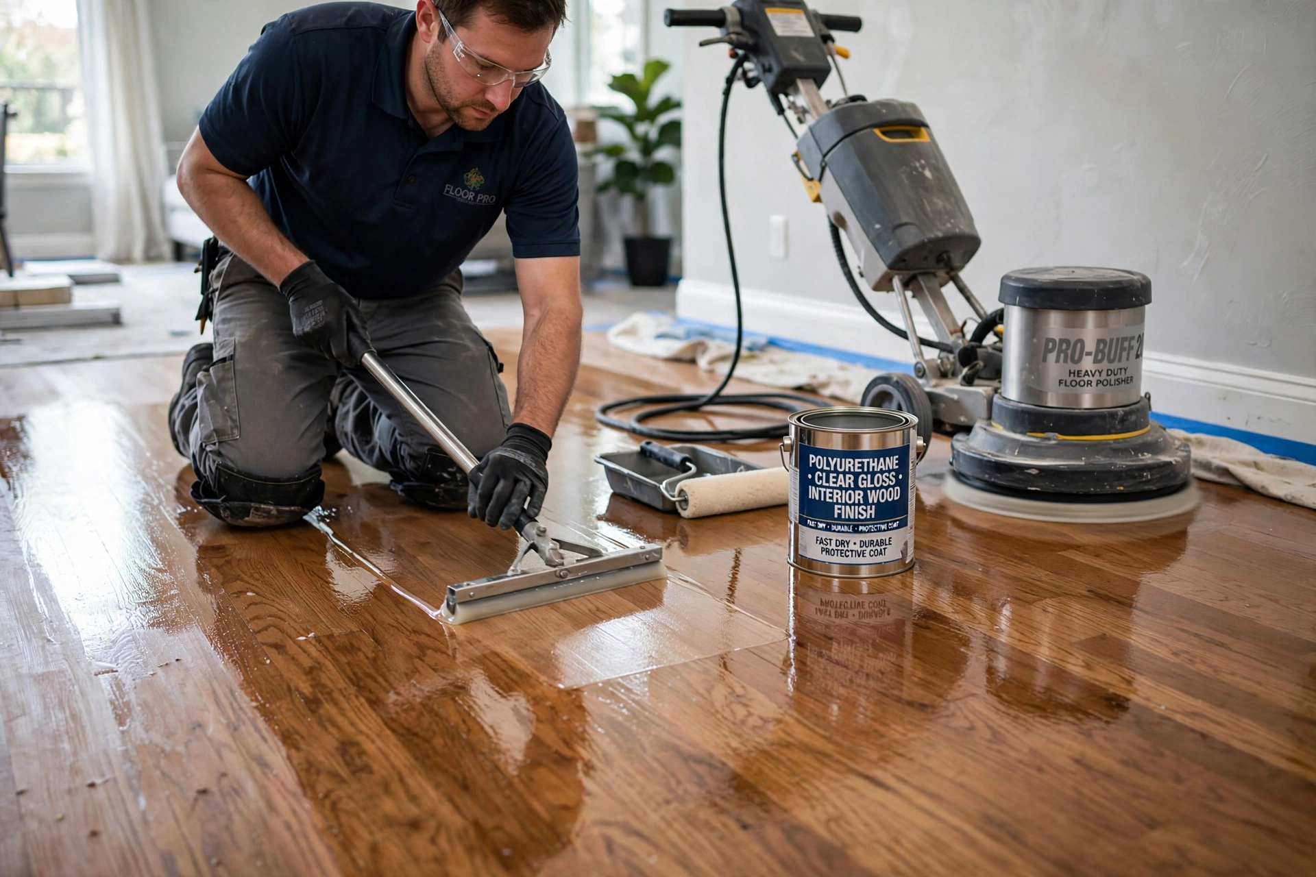 Hardwood floor buffing machine applying fresh coating
