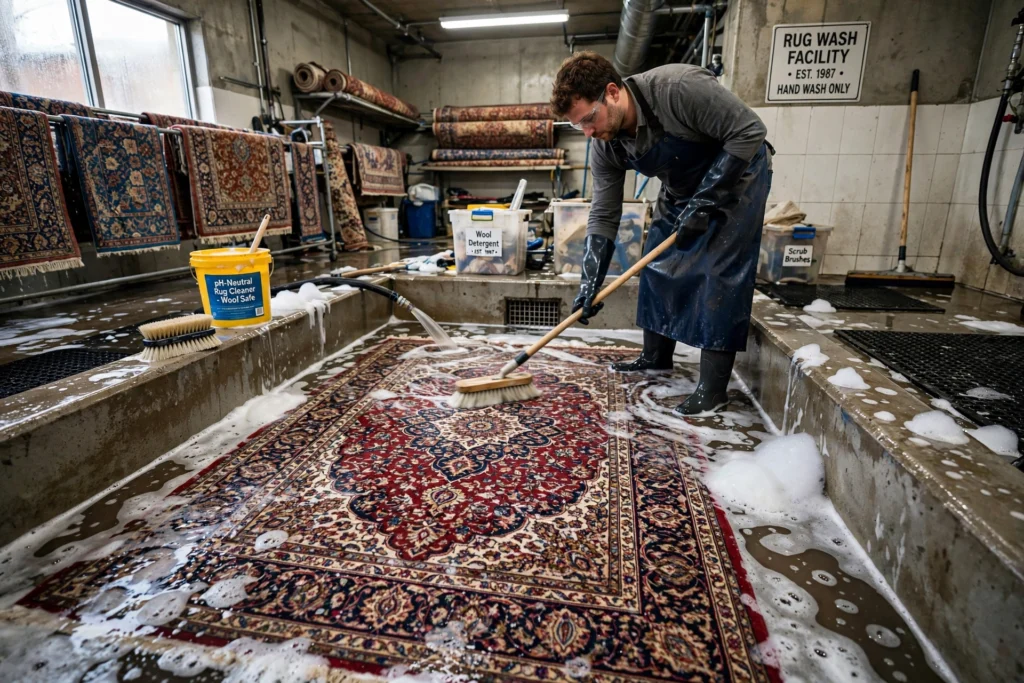 Hand-washing Persian area rug in professional wash pit