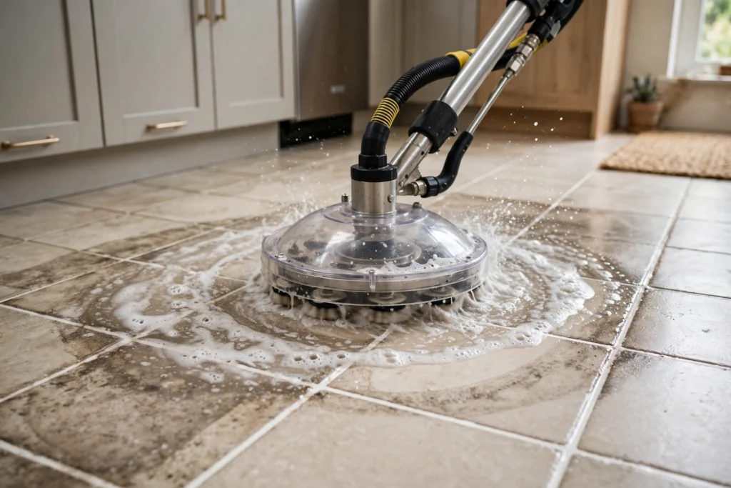 Tile and grout deep cleaning with rotary spinner tool