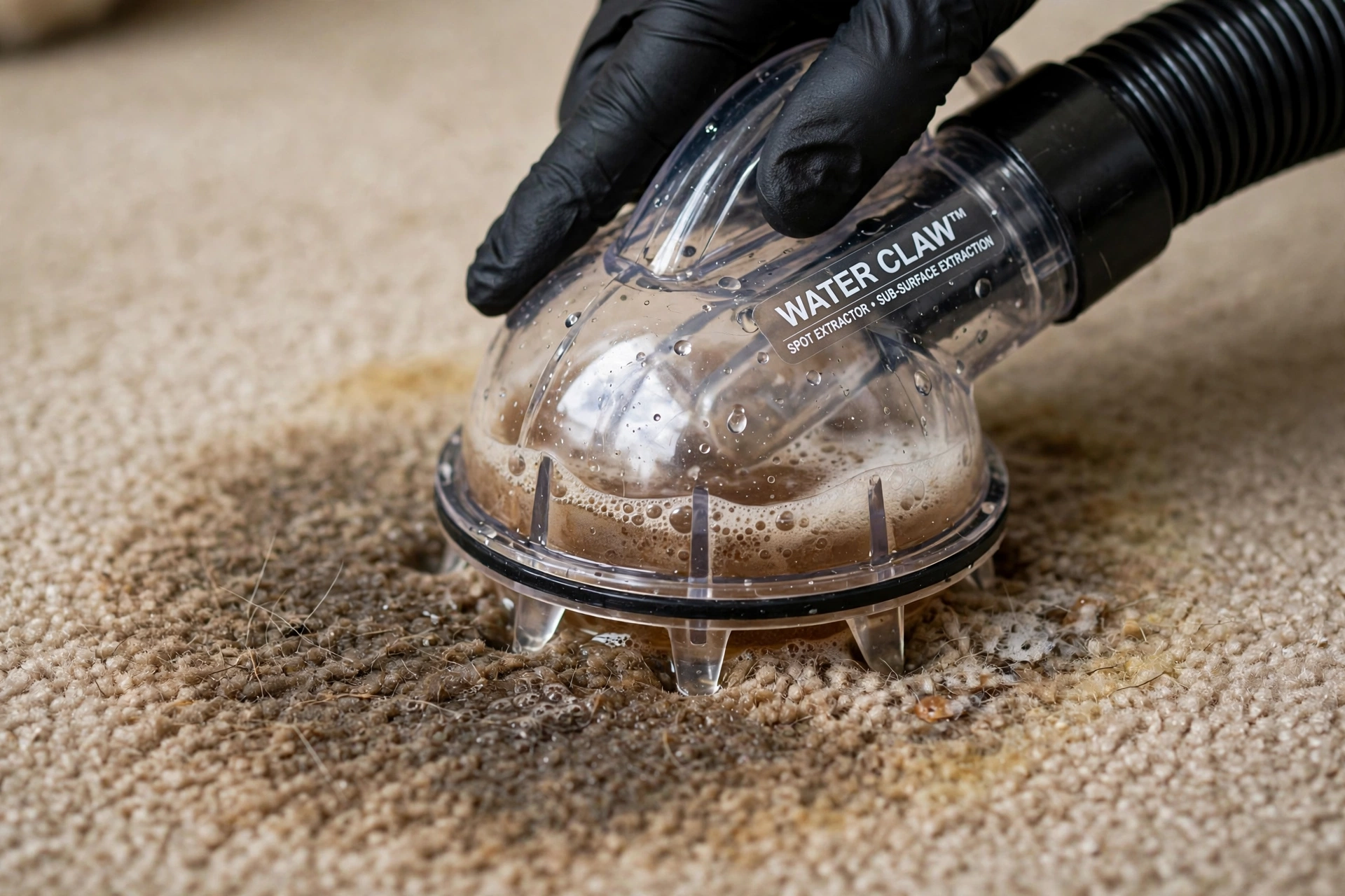 Sub-surface pet odor extraction from carpet with water claw tool