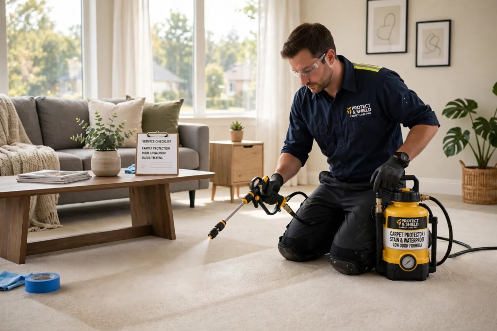 Applying Scotchgard carpet protector spray in living room