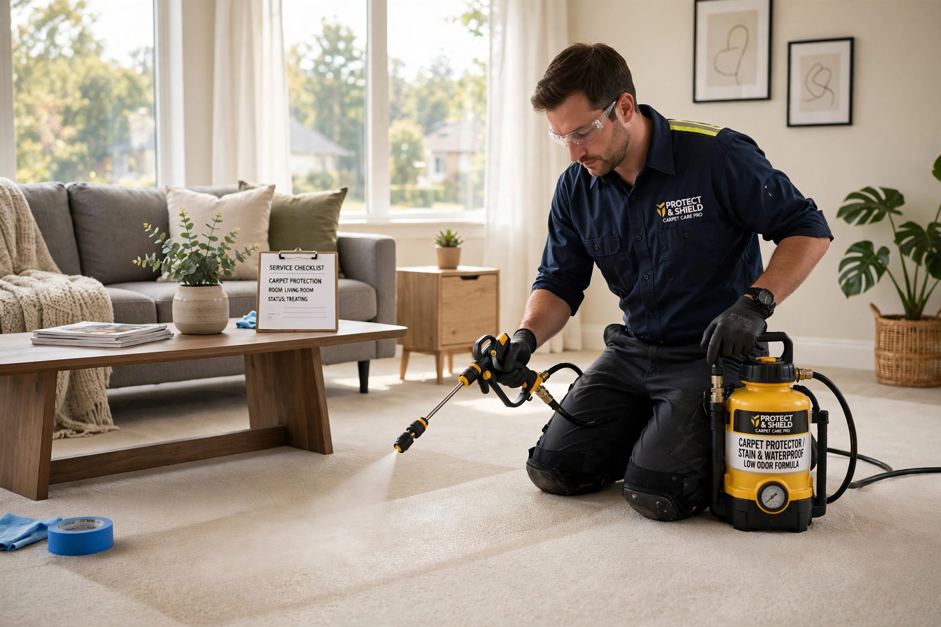 Applying Scotchgard carpet protector spray in living room